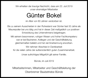 Traueranzeige von Günter Bokel von Westfalen-Blatt