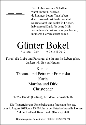 Traueranzeige von Günter Bokel von Westfalen-Blatt