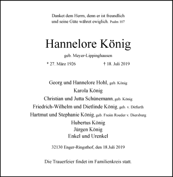 Traueranzeige von Hannelore König von Westfalen-Blatt