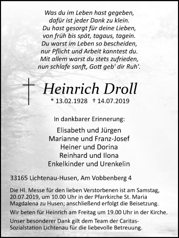 Traueranzeige von Heinrich Droll von Westfalen-Blatt