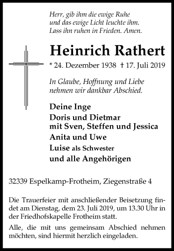 Traueranzeige von Heinrich Rathert von Westfalen-Blatt