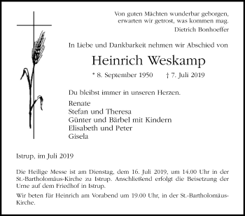 Traueranzeige von Heinrich Weskamp von Westfalen-Blatt