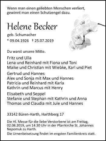 Traueranzeige von Helene Becker von Westfalen-Blatt