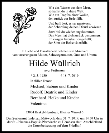 Traueranzeige von Hilde Wüllrich von Westfalen-Blatt