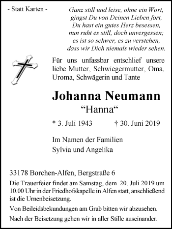 Traueranzeige von Johanna Neumann von Westfalen-Blatt