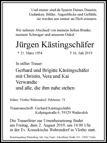 Traueranzeige von Jürgen Kästingschäfer von Westfalen-Blatt