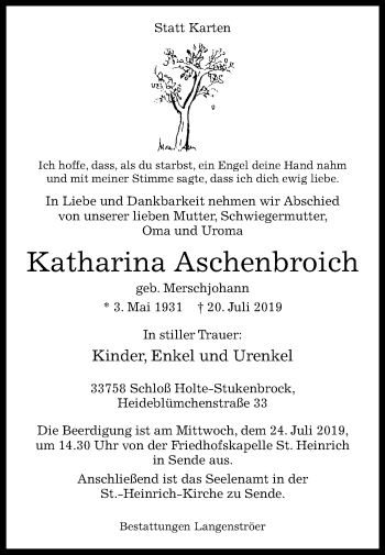 Traueranzeige von Katharina Aschenbroich von Westfalen-Blatt