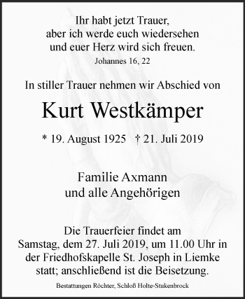 Traueranzeige von Kurt Westkämper von Westfalen-Blatt