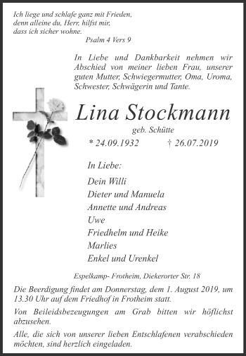 Traueranzeige von Lina Stockmann von Westfalen-Blatt