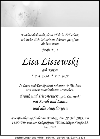 Traueranzeige von Lisa Lissewski von Westfalen-Blatt