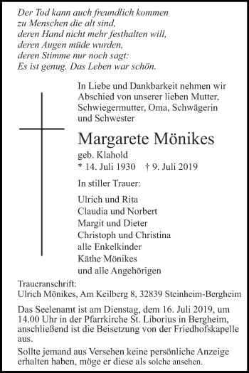 Traueranzeige von Margarete Mönikes von Westfalen-Blatt