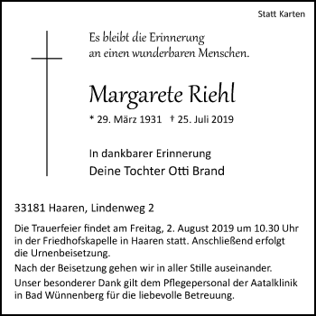 Traueranzeige von Margarete Riehl von Westfalen-Blatt