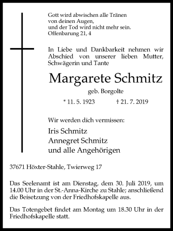 Traueranzeige von Margarete Schmitz von Westfalen-Blatt