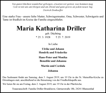 Traueranzeige von Maria Katharina Driller von Westfalen-Blatt