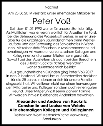 Traueranzeige von Peter Voß von Westfalen-Blatt