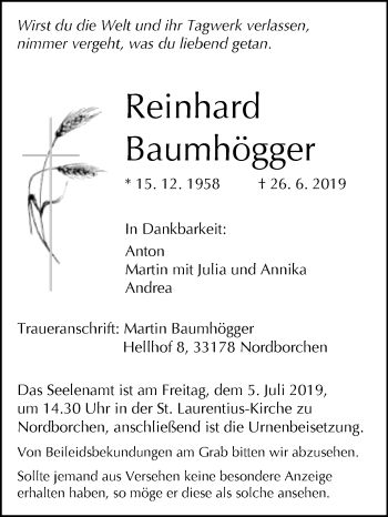 Traueranzeige von Reinhard Baumhögger von Westfalen-Blatt