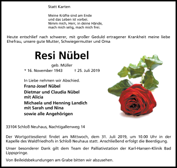 Traueranzeige von Resi Nübel von Westfalen-Blatt