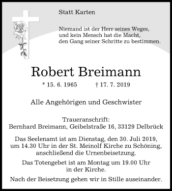 Traueranzeige von Robert Breimann von Westfalen-Blatt