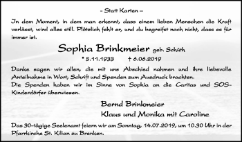 Traueranzeige von Sophia Brinkmeier von Westfalen-Blatt