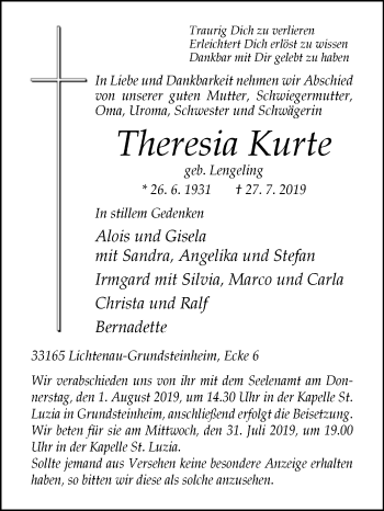 Traueranzeige von Theresia Kurte von Westfalen-Blatt