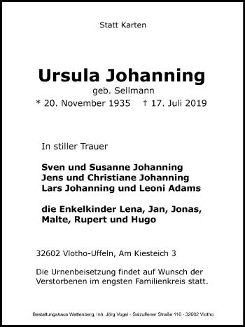 Traueranzeige von Ursula Johanning von Westfalen-Blatt