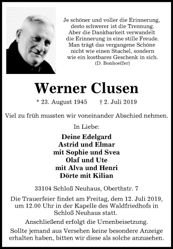 Traueranzeige von Werner Clusen von Westfalen-Blatt