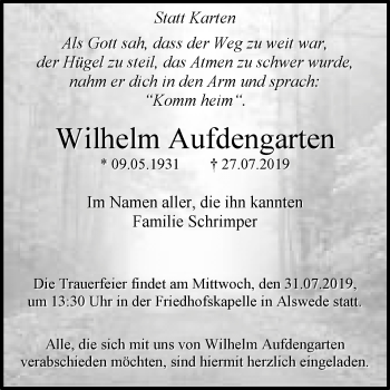 Traueranzeige von Wilhelm Aufdengarten von Westfalen-Blatt