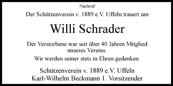 Traueranzeige von Willi Schrader von Westfalen-Blatt