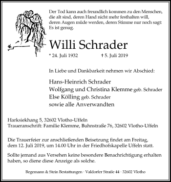 Traueranzeige von Willi Schrader von Westfalen-Blatt