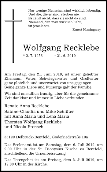 Traueranzeige von Wolfgang Recklebe von Westfalen-Blatt