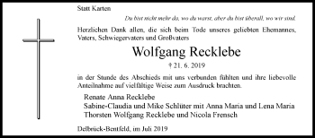 Traueranzeige von Wolfgang Recklebe von Westfalen-Blatt