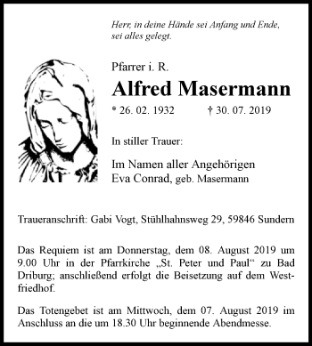 Traueranzeige von Alfred Masermann von Westfalen-Blatt