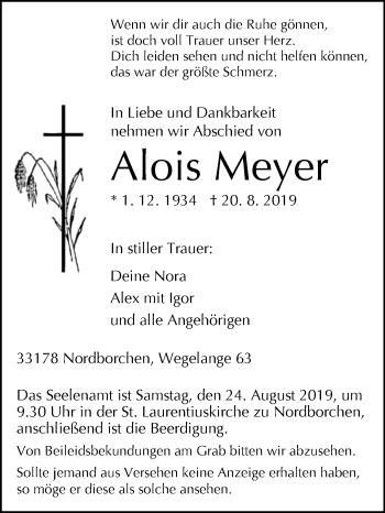 Traueranzeige von Alois Meyer von Westfalen-Blatt