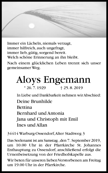 Traueranzeige von Aloys Engemann von Westfalen-Blatt