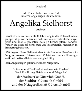 Traueranzeige von Angelika Sielhorst von Westfalen-Blatt