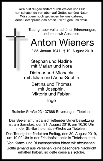 Traueranzeige von Anton Wieners von Westfalen-Blatt