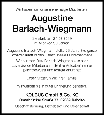 Traueranzeige von Augustine Barlach-Wiegmann von Westfalen-Blatt