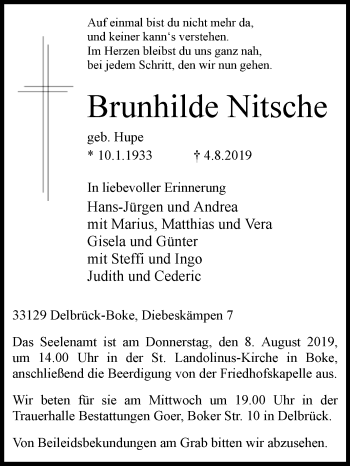 Traueranzeige von Brunhilde Nitsche von Westfalen-Blatt