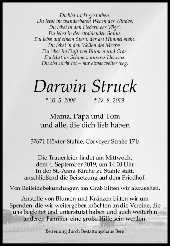 Traueranzeige von Darwin Struck von Westfalen-Blatt