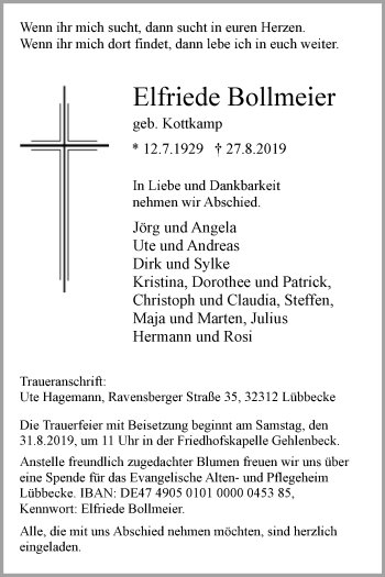 Traueranzeige von Elfriede Bollmeier von Westfalen-Blatt