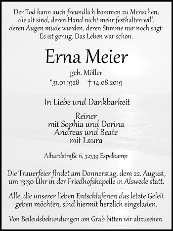 Traueranzeige von Erna Meier von Westfalen-Blatt