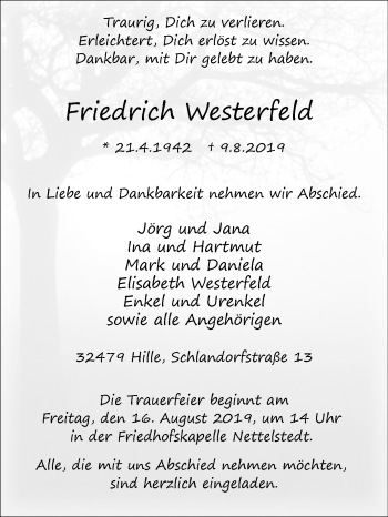 Traueranzeige von Friedrich Westenfeld von Westfalen-Blatt