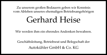 Traueranzeige von Gerhard Heise von Westfalen-Blatt