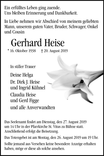 Traueranzeige von Gerhard Heise von Westfalen-Blatt