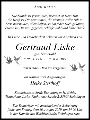 Traueranzeige von Gertraud Liske von Westfalen-Blatt