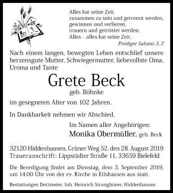 Traueranzeige von Grete Beck von Westfalen-Blatt