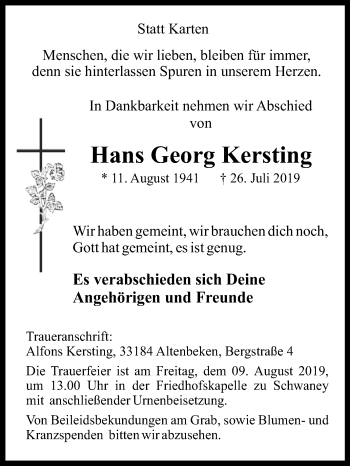 Traueranzeige von Hans Georg Kersting von Westfalen-Blatt