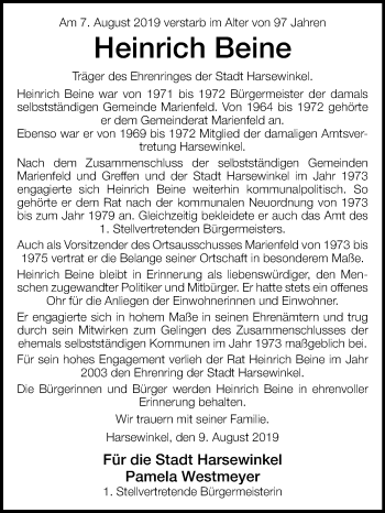 Traueranzeige von Heinrich Beine von Westfalen-Blatt