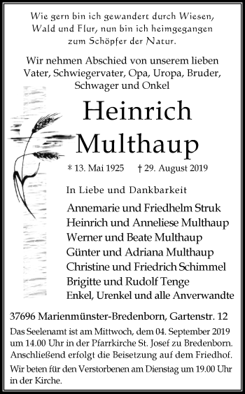 Traueranzeige von Heinrich Multhaup von Westfalen-Blatt