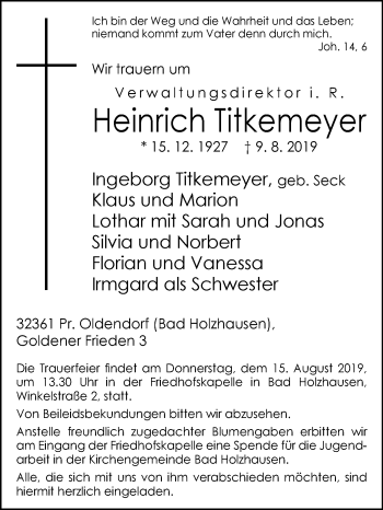 Traueranzeige von Heinrich Titkemeyer von Westfalen-Blatt